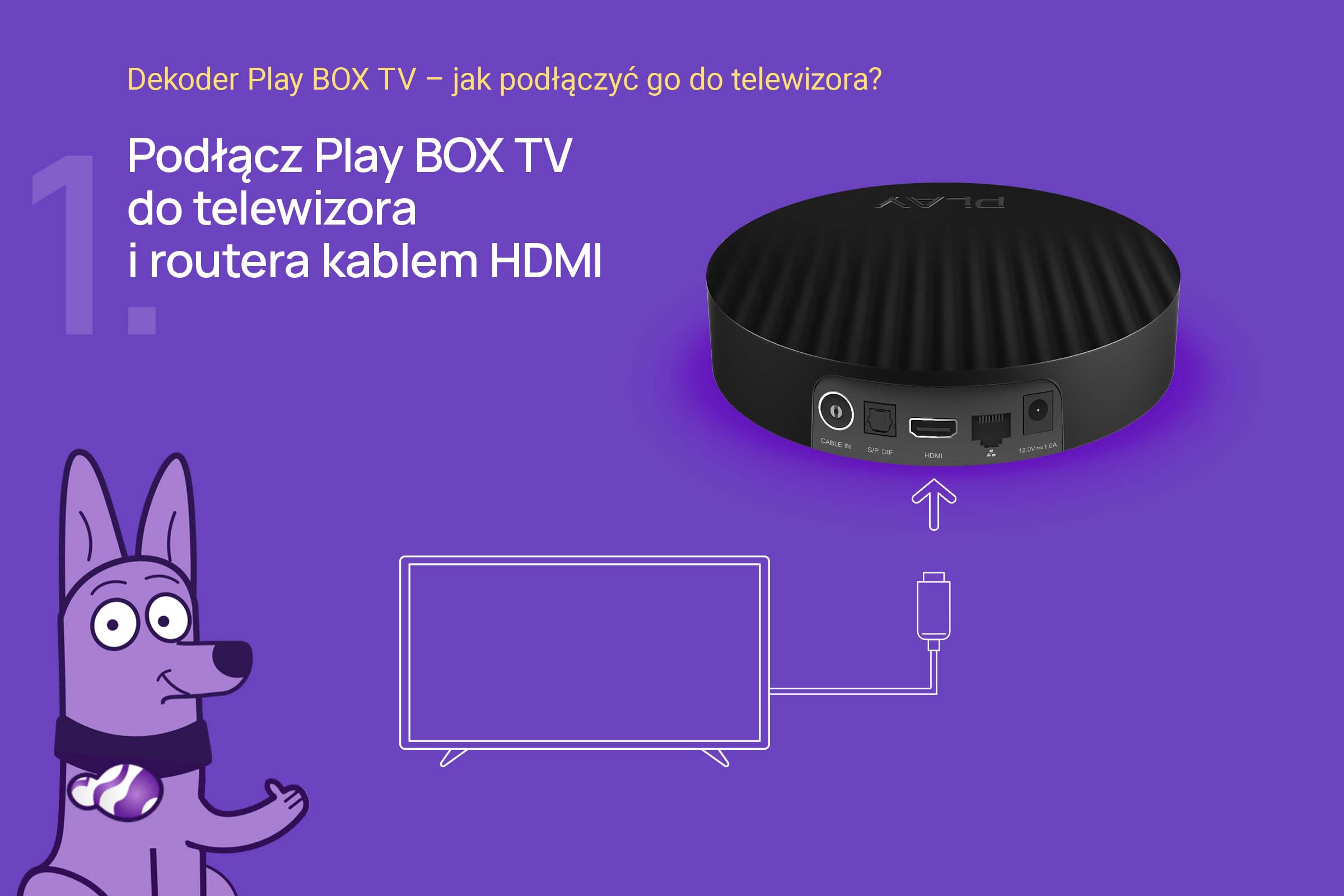Instrukcje podłączenia Play BOX TV do telewizora i routera z rysunkiem psa jako maskotki