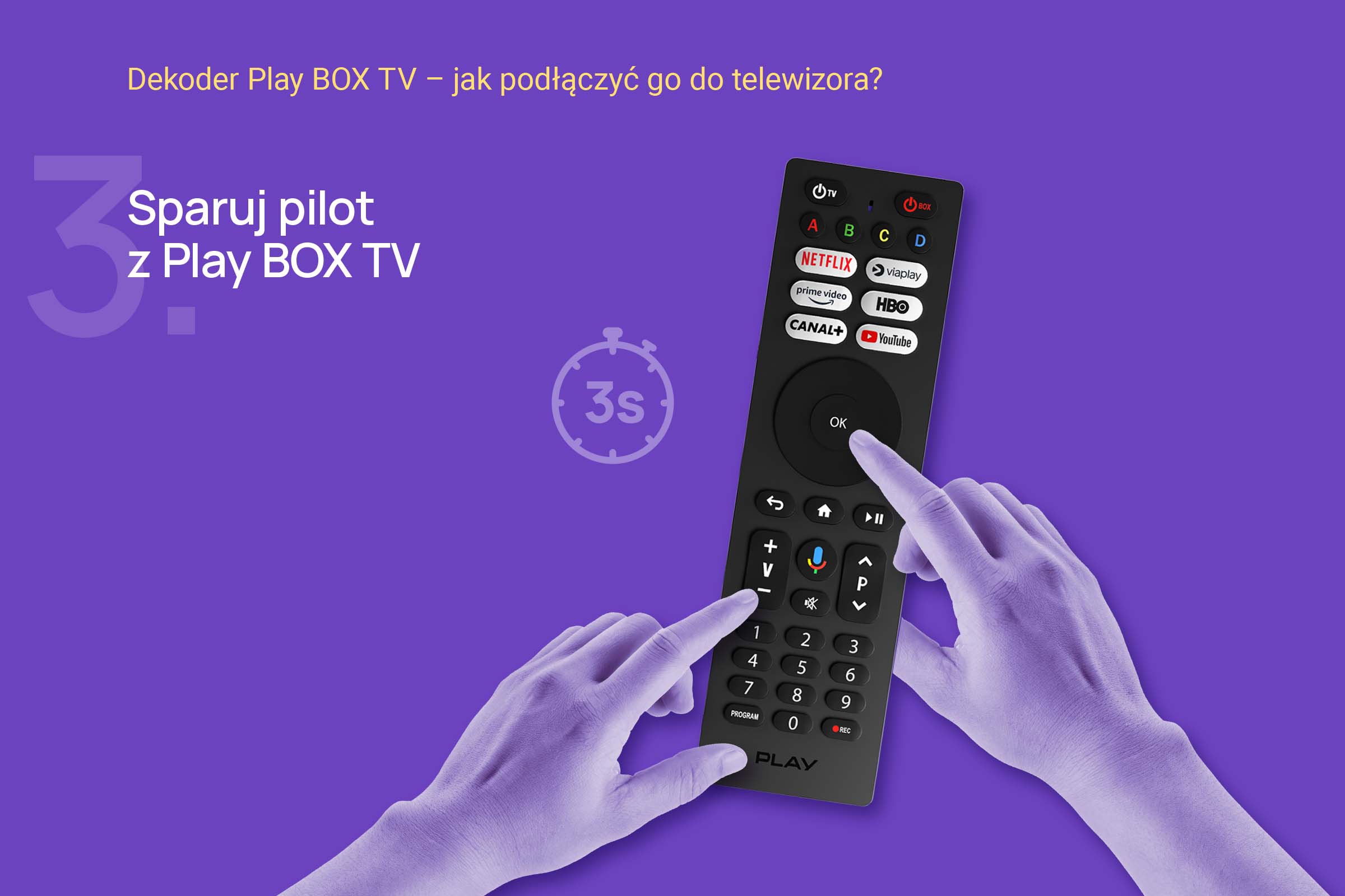 Pilot z Play BOX TV w fioletowych rękach, z przyciskami Netflix i HBO oraz timerem 3s