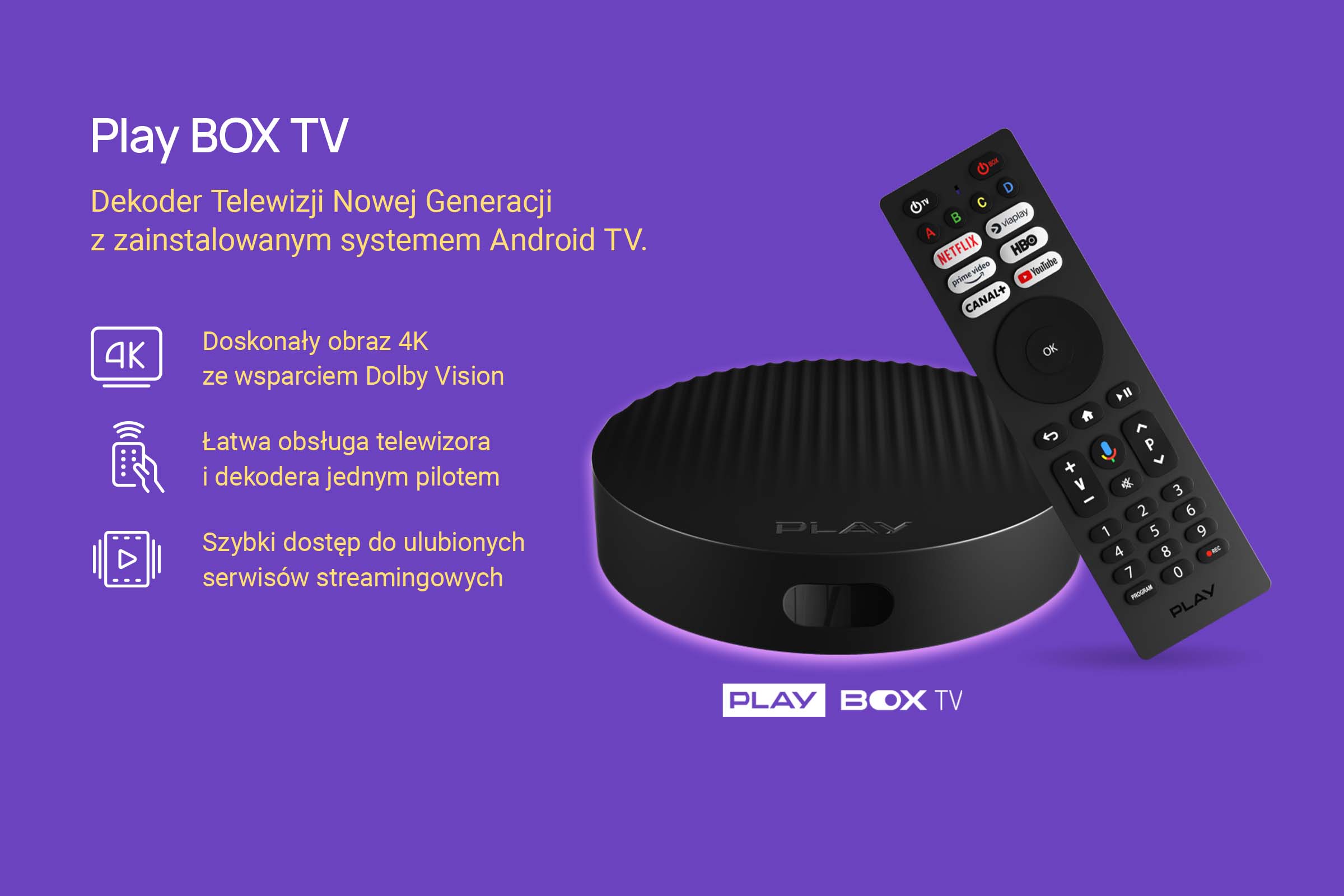zalety dekodera Play Box TV wymienione tekstem na fioletowym tle